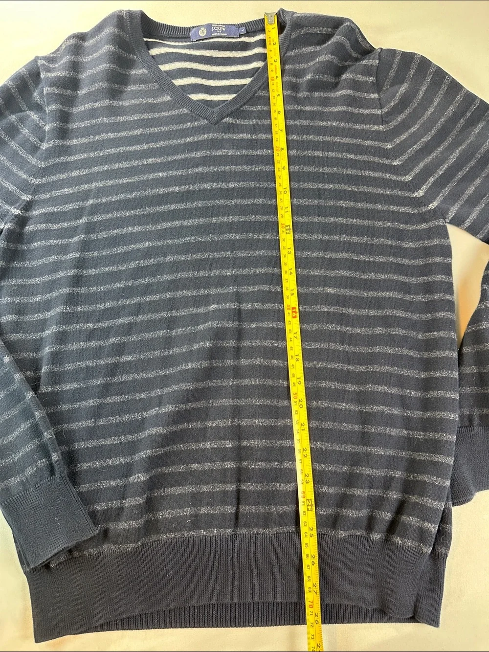 J. Crew Sweater Large Navy Light Blue Striped V-Neck